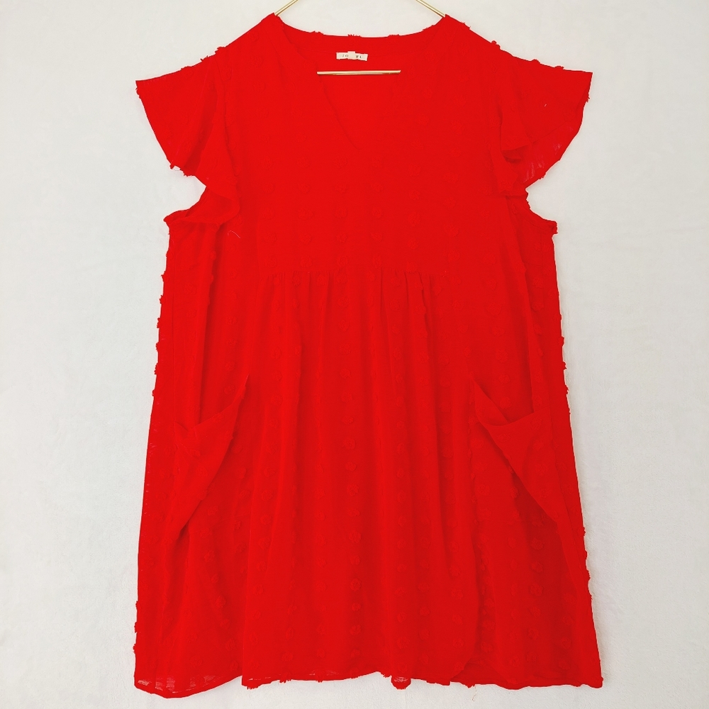 NWT JODIFL Red Flowy Mesh Sheer Embroidered Summer Ruffle Sleeve Top P1910